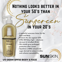 Load image into Gallery viewer, SUNSKIN | UV-Derm SPF50 Body &amp; Face Sunscreen Lotion Refill Pack 250ml.
